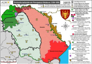 Detaliu cu provincia istorică românească întreagă Moldova<br />Diviziunile teritoriale ale Principatului Moldovei (1359-1859)”, hartă elaborată de Agenția pentru Dezvoltare Regională Nord-Est.
